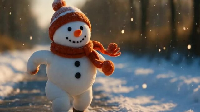 Cheerful snowman dashes through snowy landscape, wearing a hat and scarf, radiating joy and festive winter excitement.