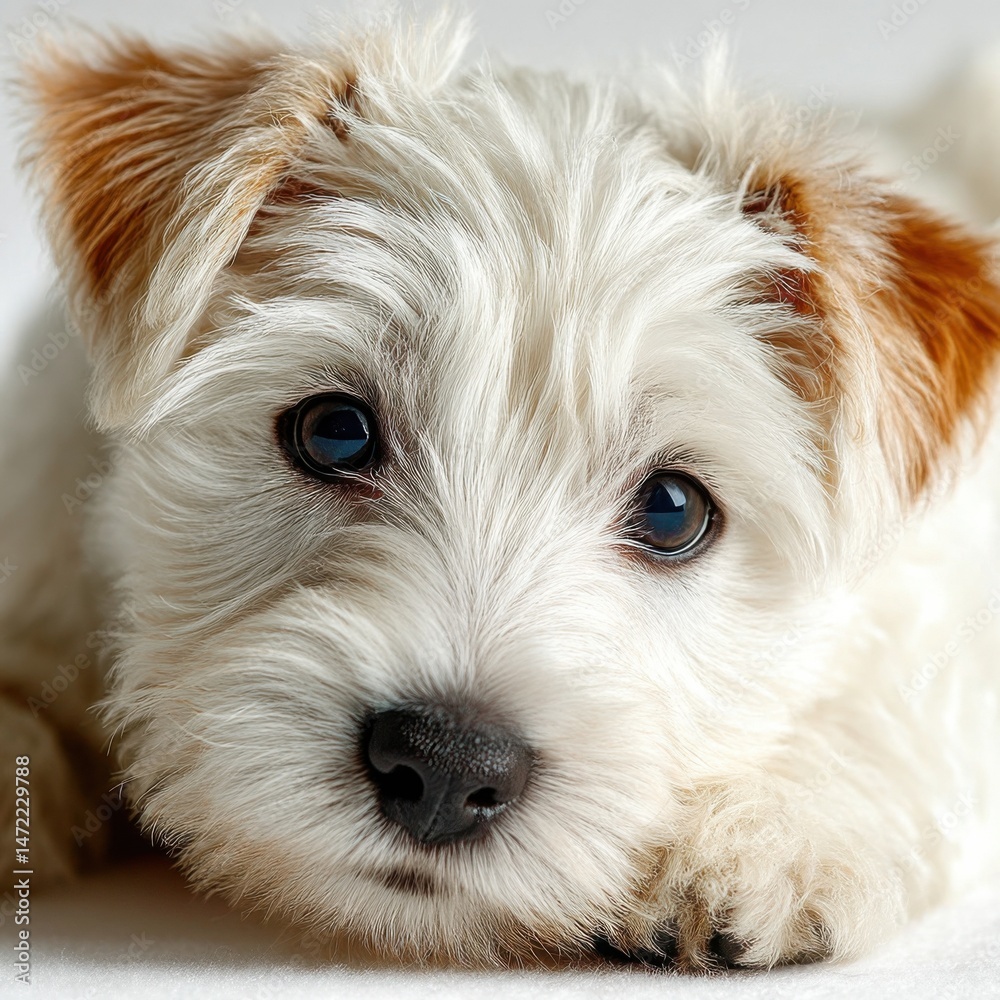 Poster adorable white puppy with tan ears rests its head on a white surface, showcasing its fluffy fur and 
