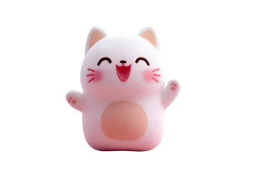 Adorable happy cartoon cat figurine cute white pink paws up joyful playful smiling sweet kitty on transparent background