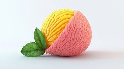 A 3D rendering of a tropical papaya sorbet scoop with bright colors, set on a white background