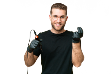 Tattoo artist man over isolated chroma key background making money gesture