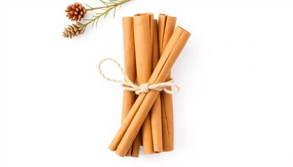 Tied cinnamon sticks with evergreen boughs