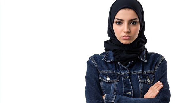 Woman in hijab and denim jacket, arms crossed - Powered by Adobe