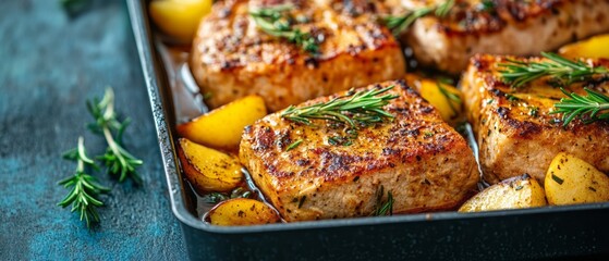 Roasted pork chops with potatoes and herbs in a baking dish.