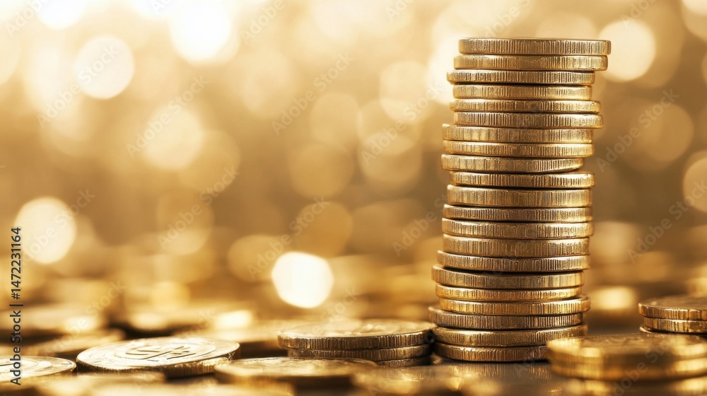 Poster a tall stack of gold coins stands prominently against a bokeh background of warm, golden lights, sug