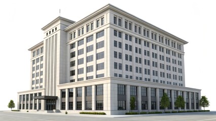 Fototapeta premium Modern multi-story office building with large windows, surrounded by small trees and a clear sky.