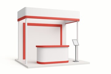 Modern exhibition booth with a red and white color scheme, featuring a counter and a digital display stand on a minimalist platform.