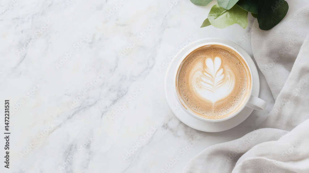 Aufkleber Aromatic latte art in a white cup rests on a marble surface, next to a soft beige linen fabric and green leaves, creating a calm and inviting atmosphere. : Generative AI