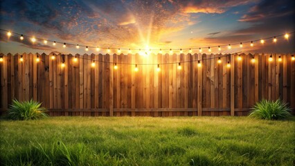 Evening backyard scene with illuminated string lights strung across a wooden fence and lush green grass