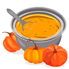 Pot of pumpkin soup and pumpkins without background