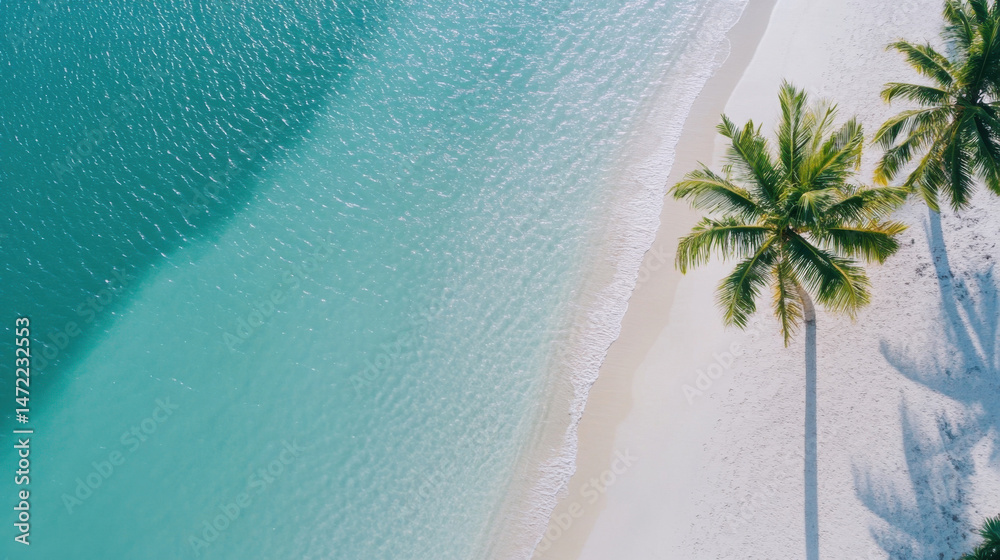 Aufkleber aerial view of a tropical beach with turquoise water lapping a white sandy shore, a single palm tree