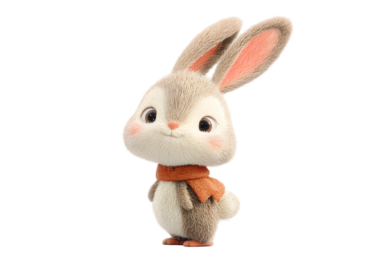 Adorable cartoon bunny rabbit wearing a cute orange scarf winter animal illustration 3d fun on transparent background