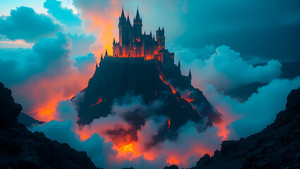 Obsidian Castle in Volcanic Caldera &ndash; Eerie Glow and Silent Grandeur