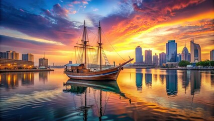 Naklejka premium Serene Sunset Vista Wooden Sailing Vessel at Calm Harbor with City Skyline Reflection