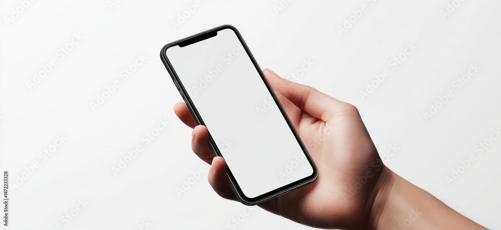 Poster a hand holds a modern smartphone with a blank white screen, showcasing its sleek design and minimali