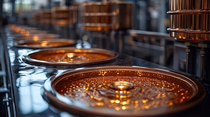 Obraz premium Industrial beverage production line with shiny copper fixtures