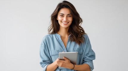 Fototapeta premium young indian woman holding tablet on white background