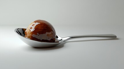 A 3D rendering of a maple syrup ice cream scoop in a cup, set on a white background 