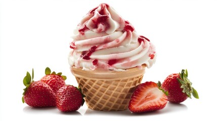 Fresh strawberry ice cream dessert in waffle cone.