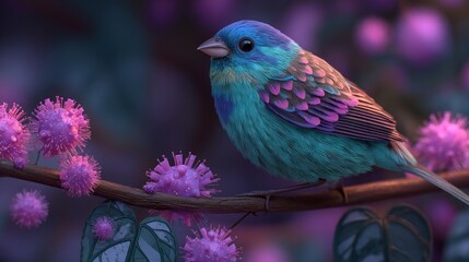 Obraz premium A blue bird is perched on a branch of a pink flower