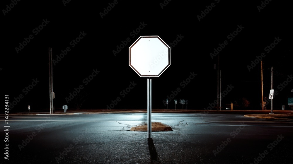 Poster blank octagonal stop sign illuminated at night on a deserted intersection, casting a shadow on the a