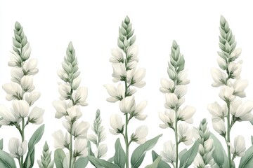 A seamless pattern featuring tall white flowers with green leaves on a white background, creating a minimalistic floral design