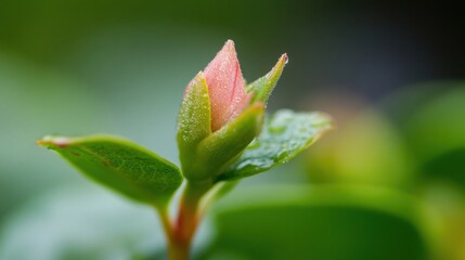 A delicate pink flower bud, still closed, sits atop vibrant green leaves glistening with morning dew, a close-up view showcasing nature's detail. : Generative AI