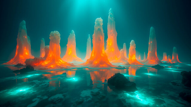 Submerged Volcanic Metropolis: Iridescent Basalt Structures in Deep Turquoise Waters