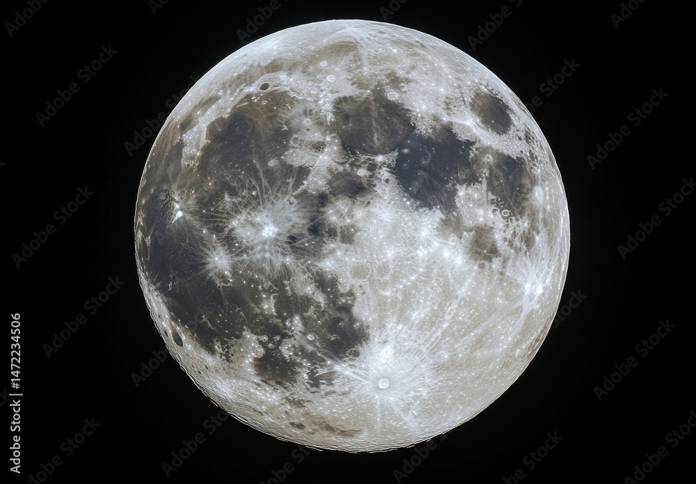 Poster detailed view of a full moon, showcasing its craters, maria, and textured surface against a black ba