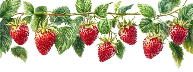 Watercolor Strawberries on Branch, Fresh Fruit Illustration