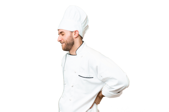 Young blonde man Chef over isolated chroma key background suffering from backache for having made an effort