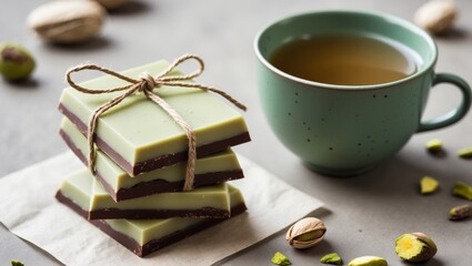 Aesthetic presentation of green chocolate squares tied with twine beside a cup of tea, with scattered pistachios on a gray surface