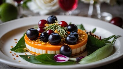 Modern cheesecake with berries, tomatoes, and herbs. Unusual dessert presentation on a white plate