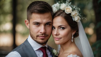 Newlyweds at a wedding photoshoot in the forest. Tender moment, natural emotions, classic look