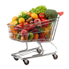 Full shopping cart of fresh colorful fruits and vegetables healthy eating grocery shopping supermarket on transparent background