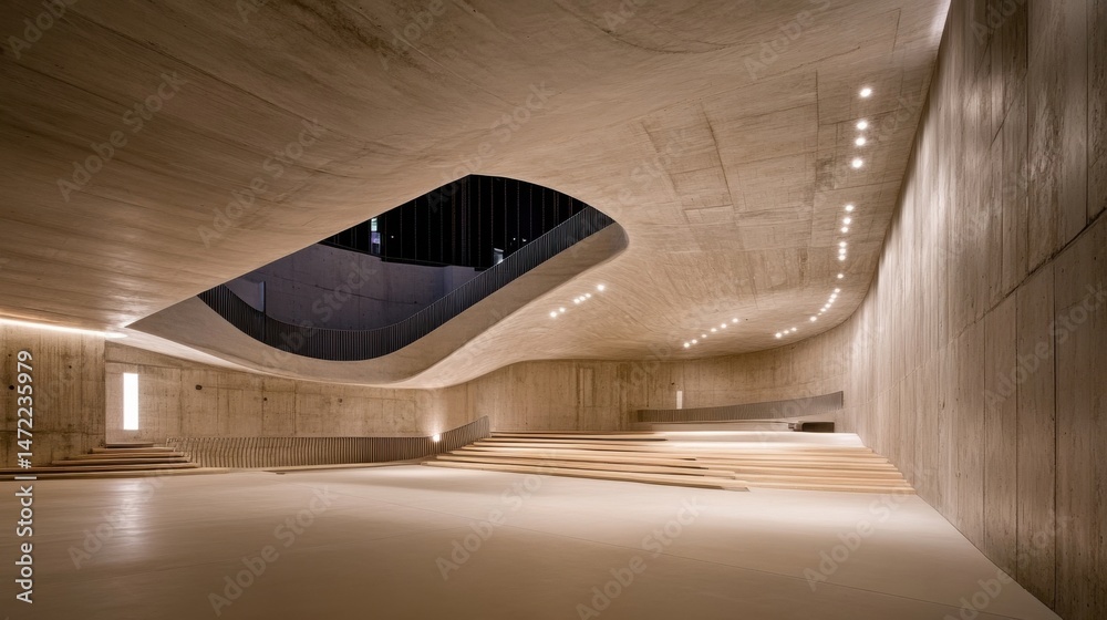 Poster modern concrete architecture interior: a spacious hall with curved walls, wooden seating, and subtle