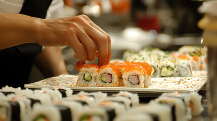 A sushi chef is preparing sushi rolls with a variety of ingredients
