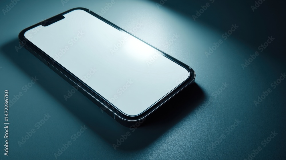 Aufkleber modern smartphone with blank screen rests on a teal surface, illuminated by a dramatic light source,