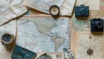 Vintage World Map with Antique Compass and Cameras