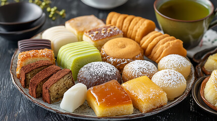 A plate of assorted desserts including cakes, cookies, and pastries