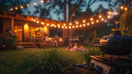 Warm Evening Backyard Gathering with String Lights and Grill