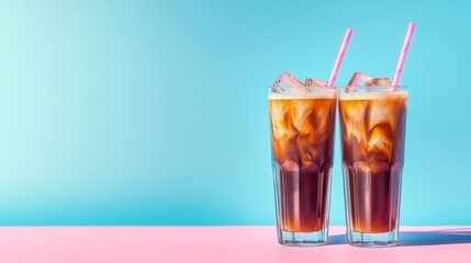 Two iced drinks on a vibrant color background.
