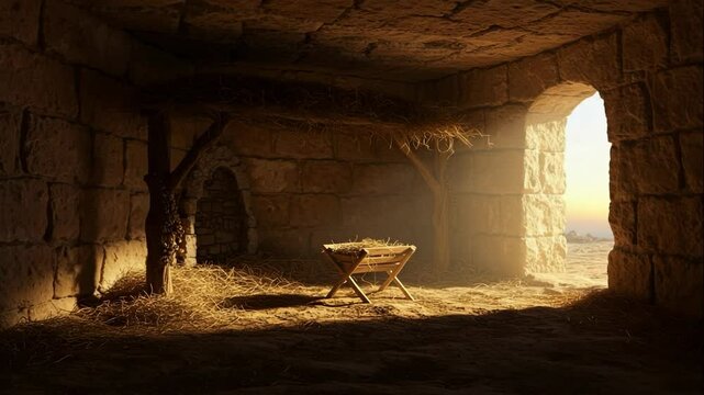 Spiritual scene illuminated by sunlight in a rustic stable  
