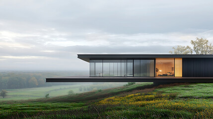 Fototapeta premium Modern house with hilltop, and foggy landscape.
