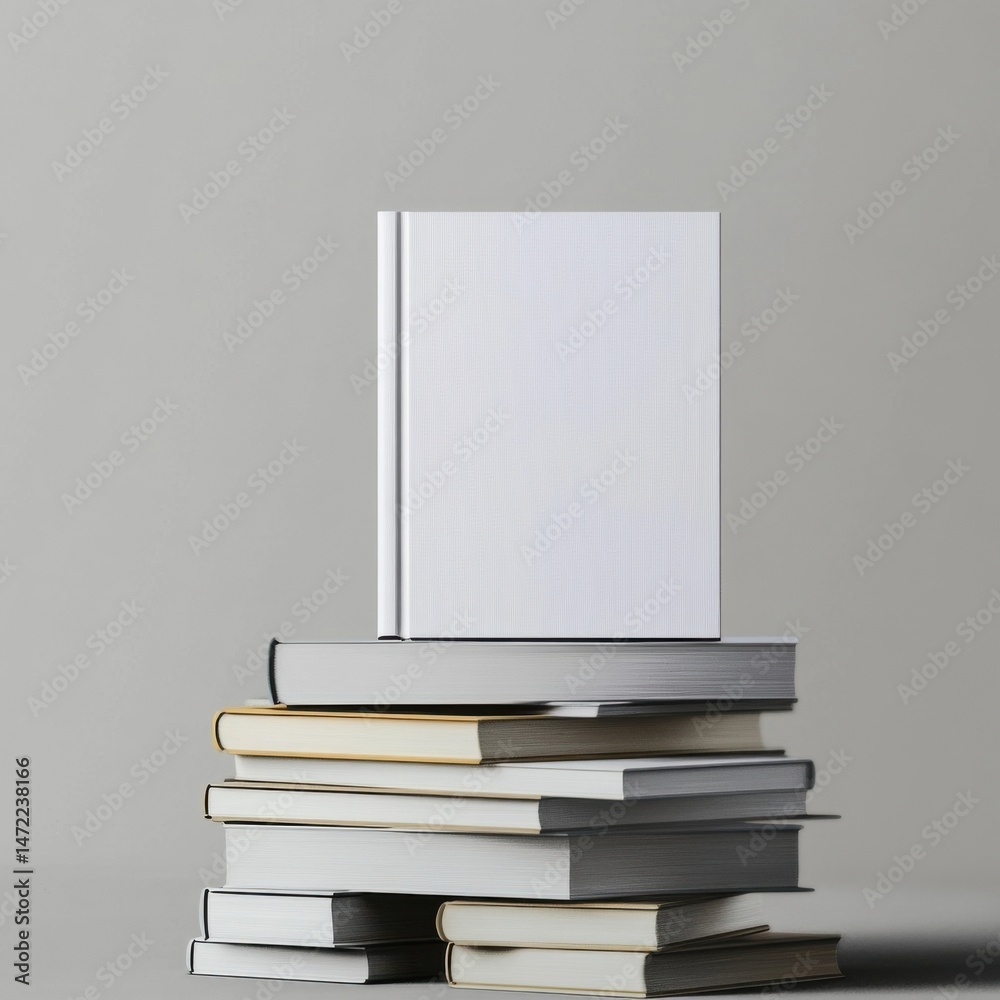 Poster A blank white book rests atop a stack of various books, creating a minimalist and clean aesthetic, perfect for design projects or educational contexts. : Generative AI