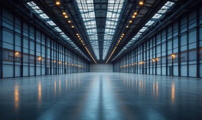 Vast, empty industrial warehouse with polished concrete floor and a high, metal-framed ceiling featuring skylights and rows of bright lights. : Generative AI