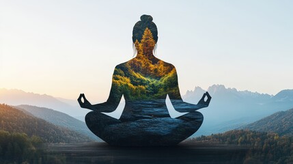 Serene woman in lotus pose with nature scene overlay meditates peacefully outdoors at scenic mountain sunset.