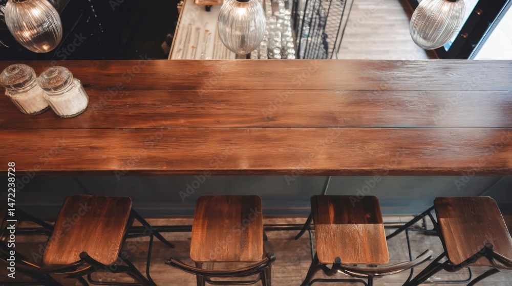 Aufkleber overhead view of a rustic wooden bar counter with four wooden stools and glass sugar containers. : g