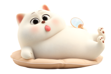 Adorable fluffy white cat relaxing on soft beige pillow cute cartoon 3d render illustration on transparent background