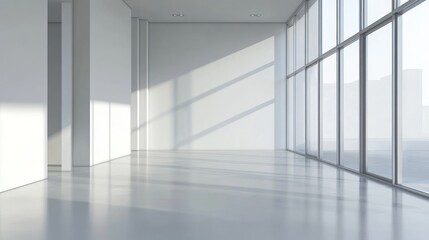 Fototapeta premium Modern minimalist interior of an empty gallery space with large windows and natural light streaming in